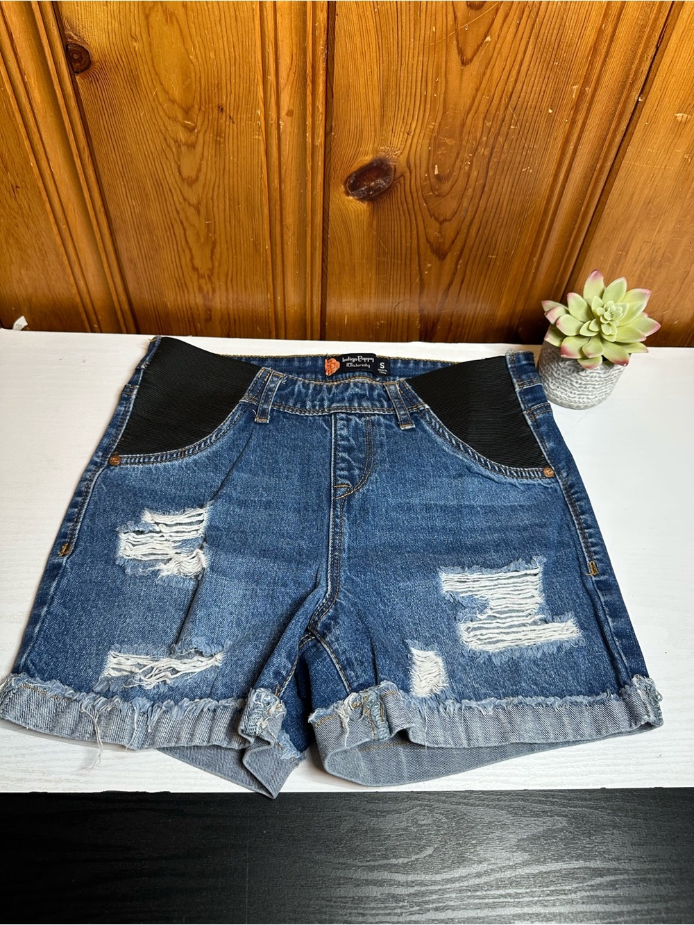 Indigo Distressed Denim Maternity Shorts with Black Stretch Waistband